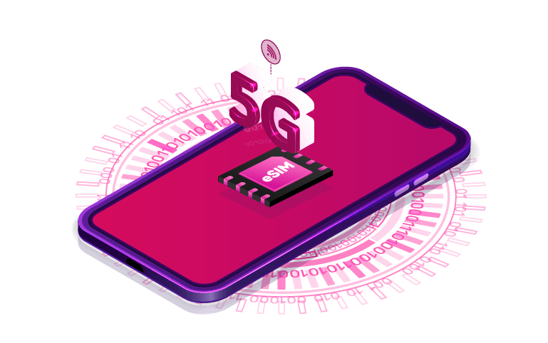 An illustrated smartphone with a prominent eSIM chip on screen, surrounded by 5G signal waves and binary code patterns, visually explaining how eSIM technology works in Australia